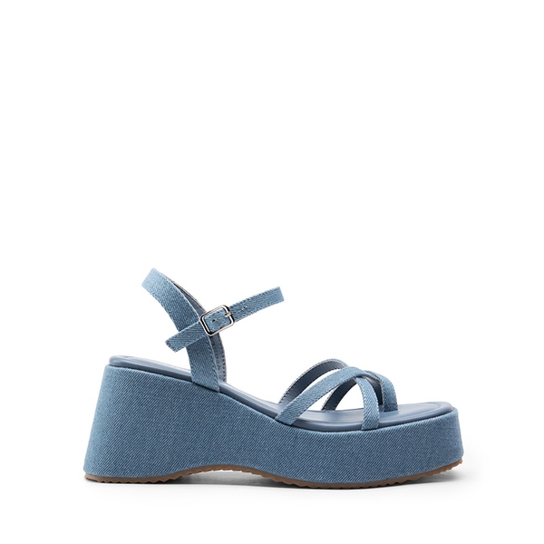 Platform Cork Wedge Sandals - DENIM BLUE - 3